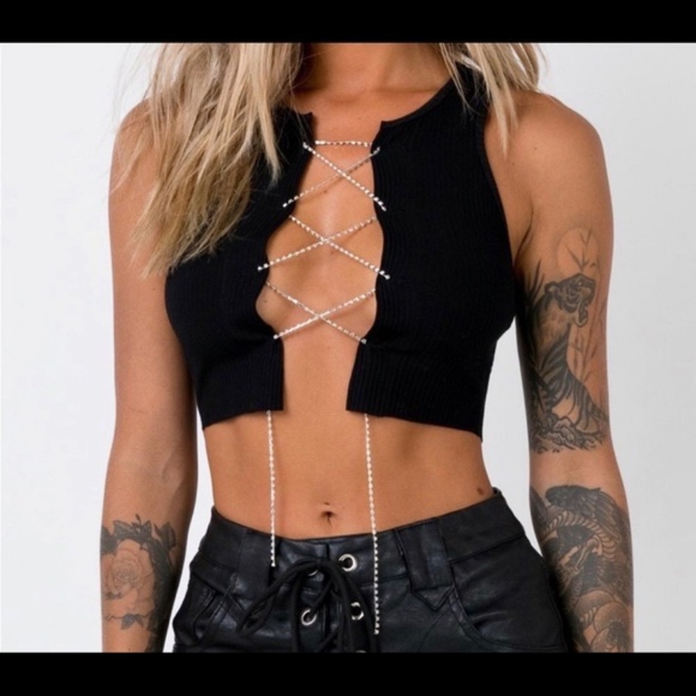 Princess Polly Black Ribbed Lace-Up Crop Top with Rhinestone Chain